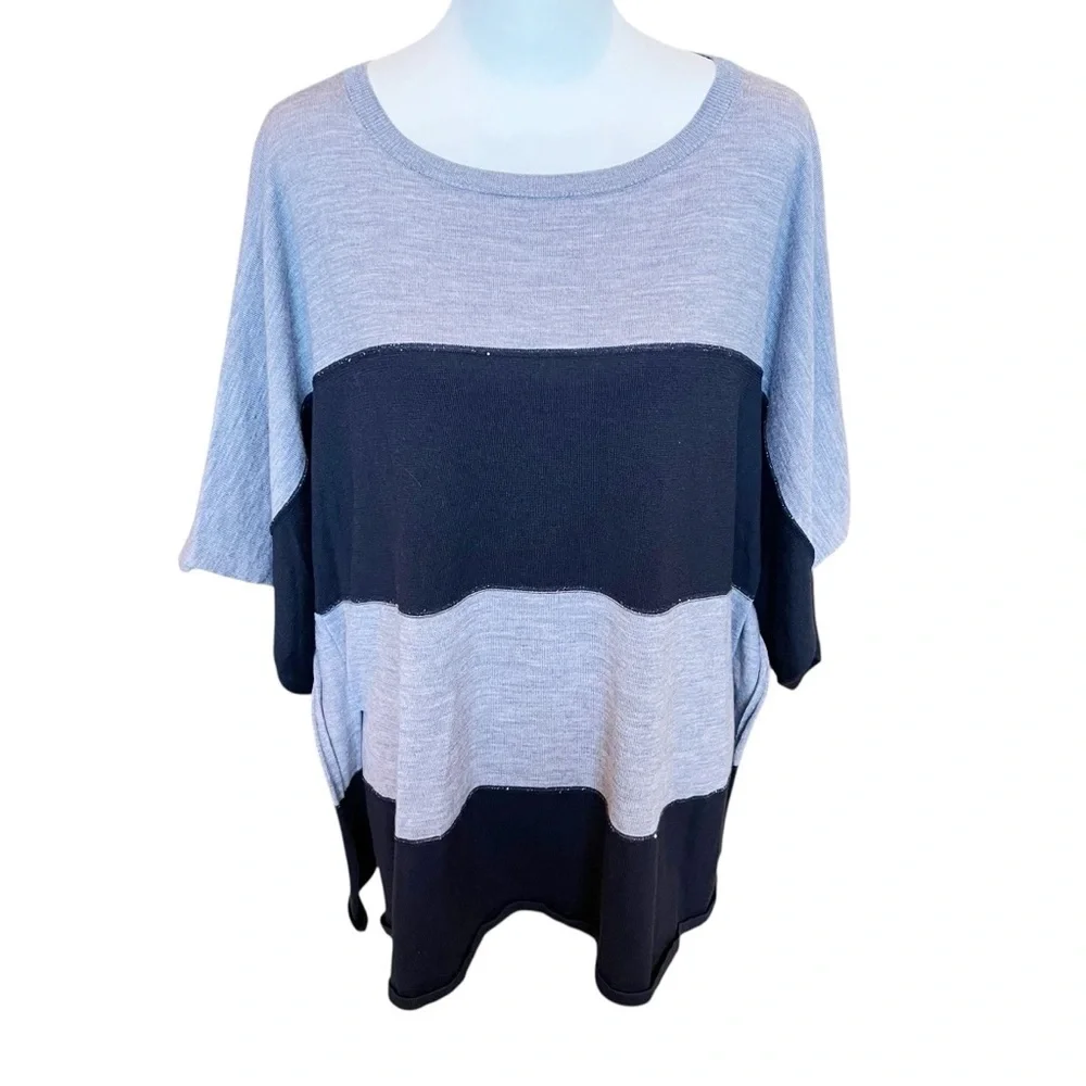 Lafayette 148 Sweater Women’s XL* Gray Black Wool Short Sleeve Boxy Soft Fall